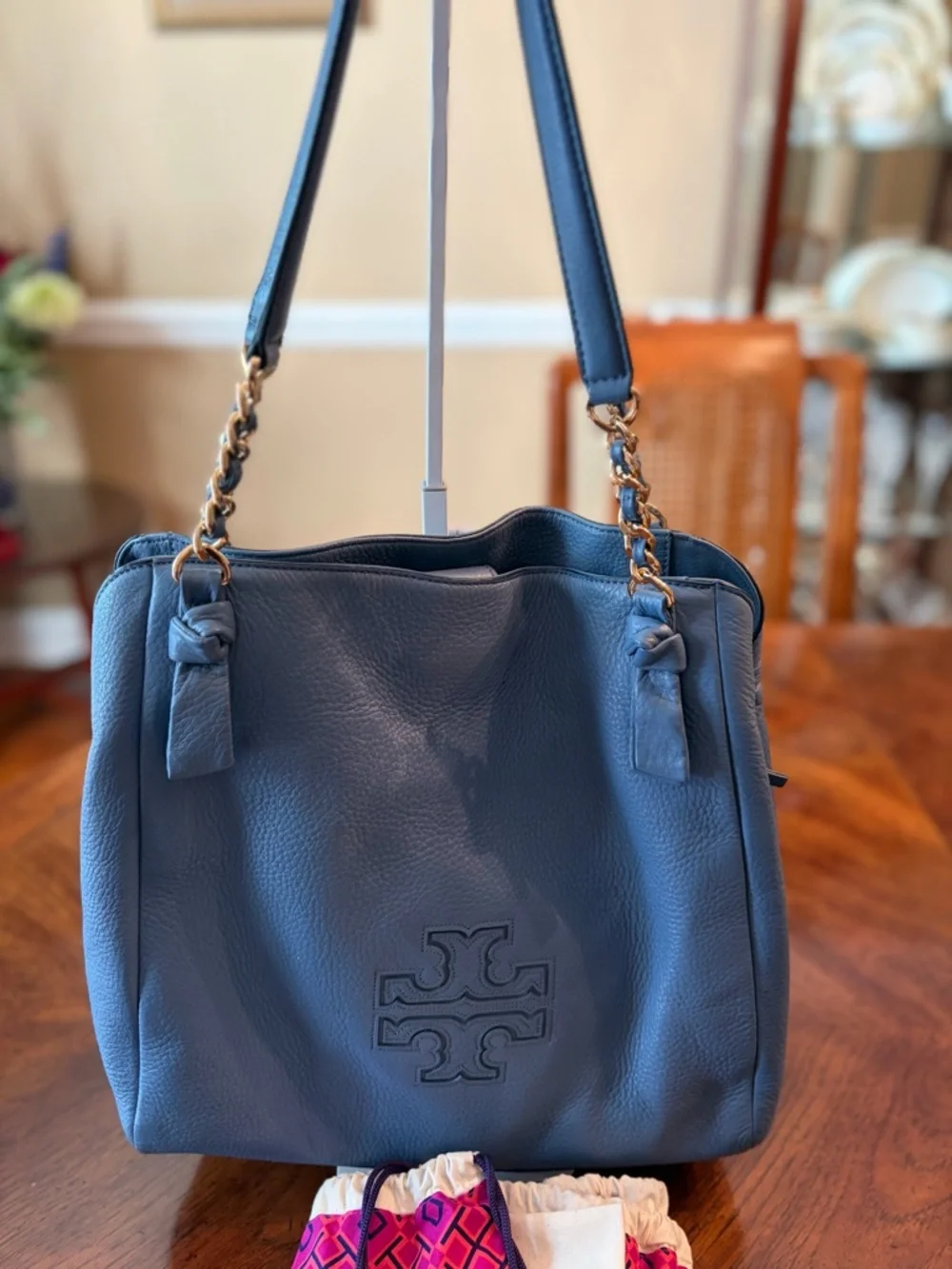 NWOT Tory Burch Harper Pebbled Leather Shoulder Tote w/Chain Straps - Slate Blue - Picture 13 of 14